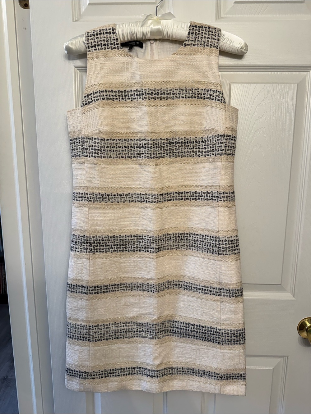 Lafayette 148 Striped Shift Dress in Cream and Black Gold Accent